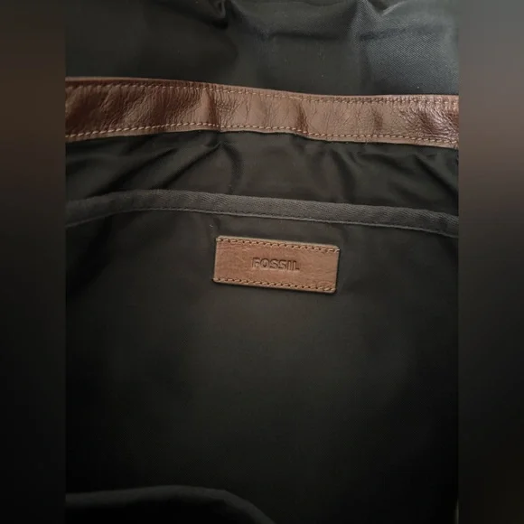 Fossil leather messenger bag laptop bag Soft black leather brown leather trim - Picture 3 of 10
